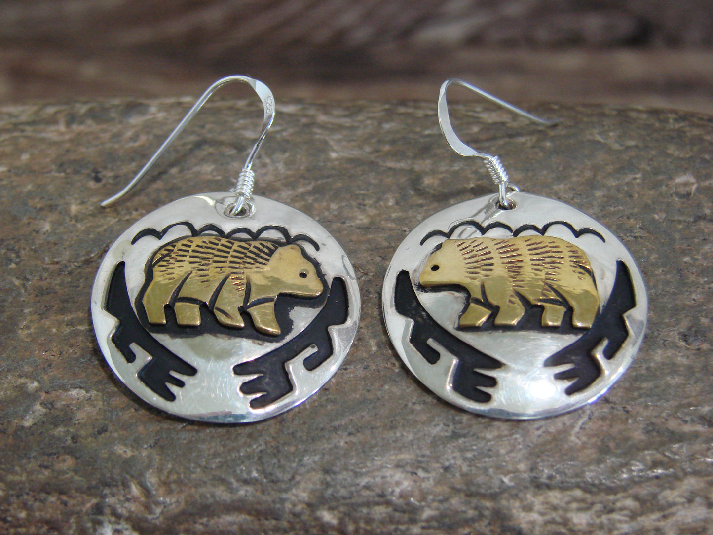 Native American Sterling Silver & Gold Fill Bear Dangle Earrings - Singer