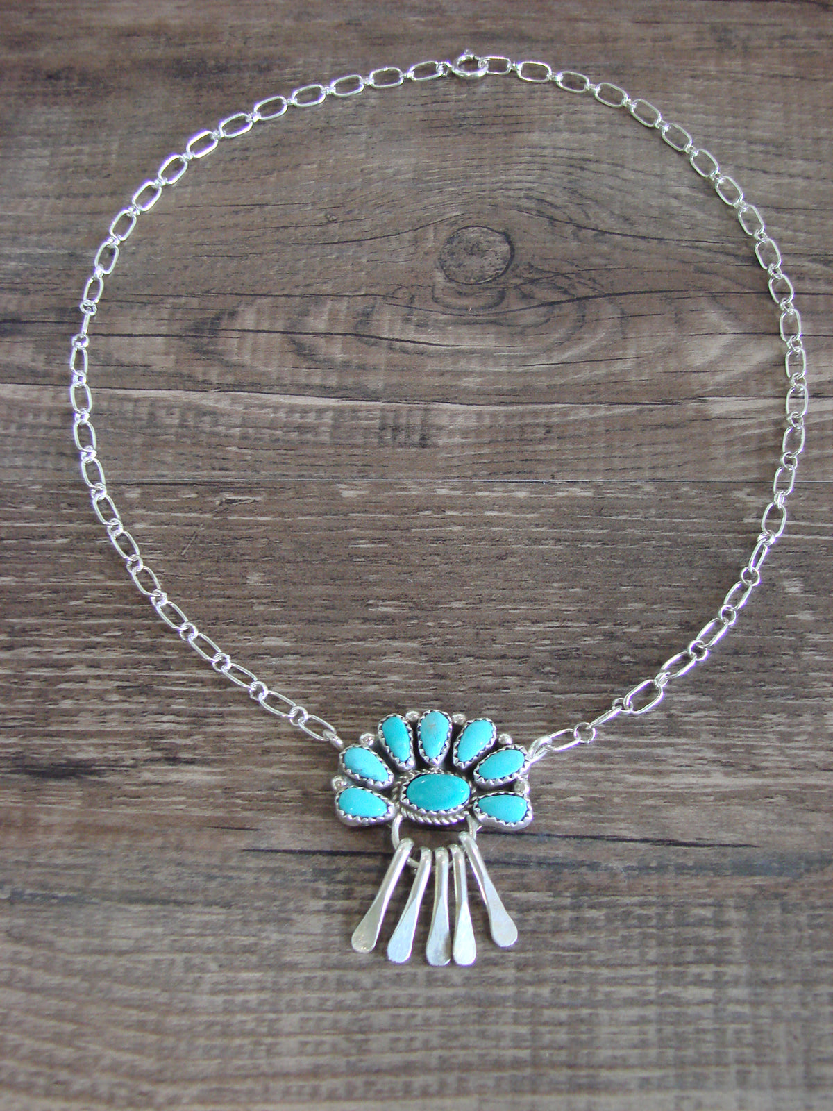 Native American Sterling Silver & Turquoise Cluster Link Necklace - Wilson
