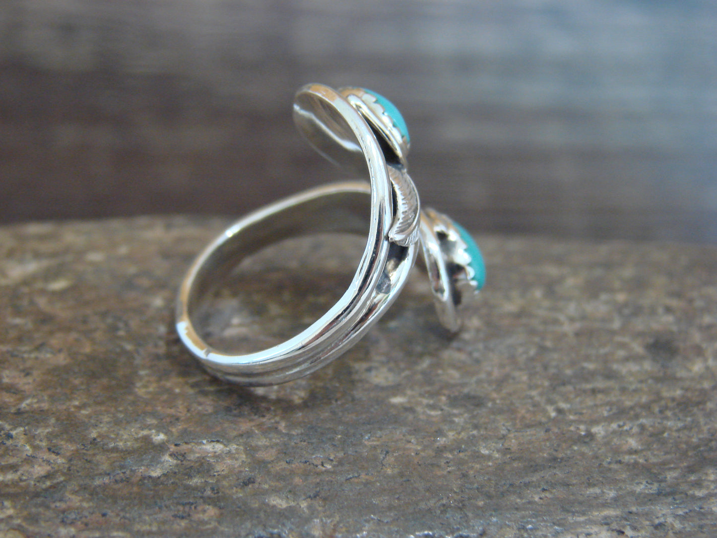 Native American Sterling Silver Feather & Turquoise Adjustable Ring by Francisco