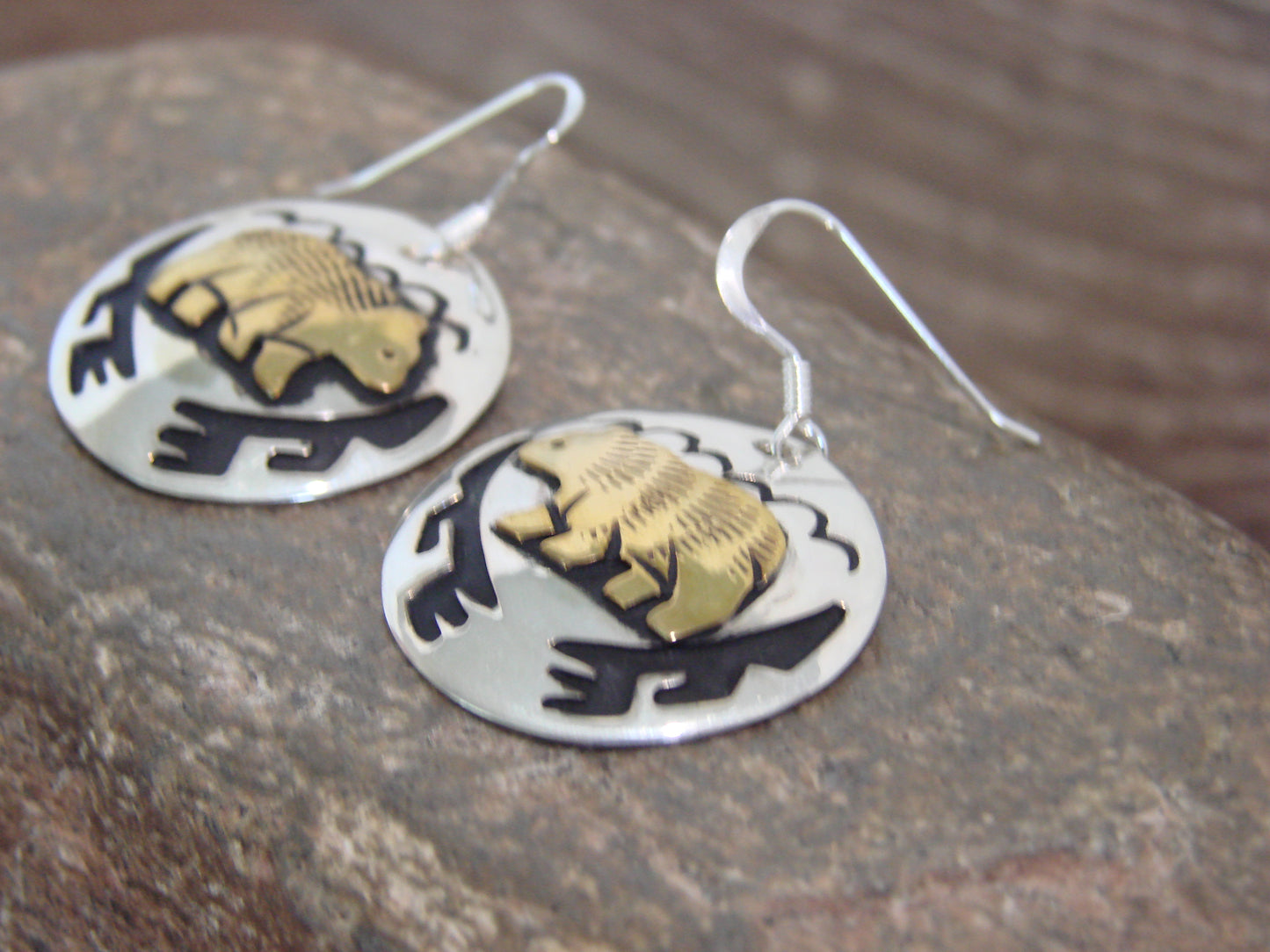 Native American Sterling Silver & Gold Fill Bear Dangle Earrings - Singer