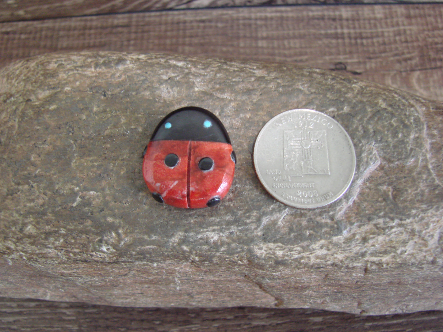 Native American Zuni Hand Carved Coral Ladybug Fetish by Lonasee