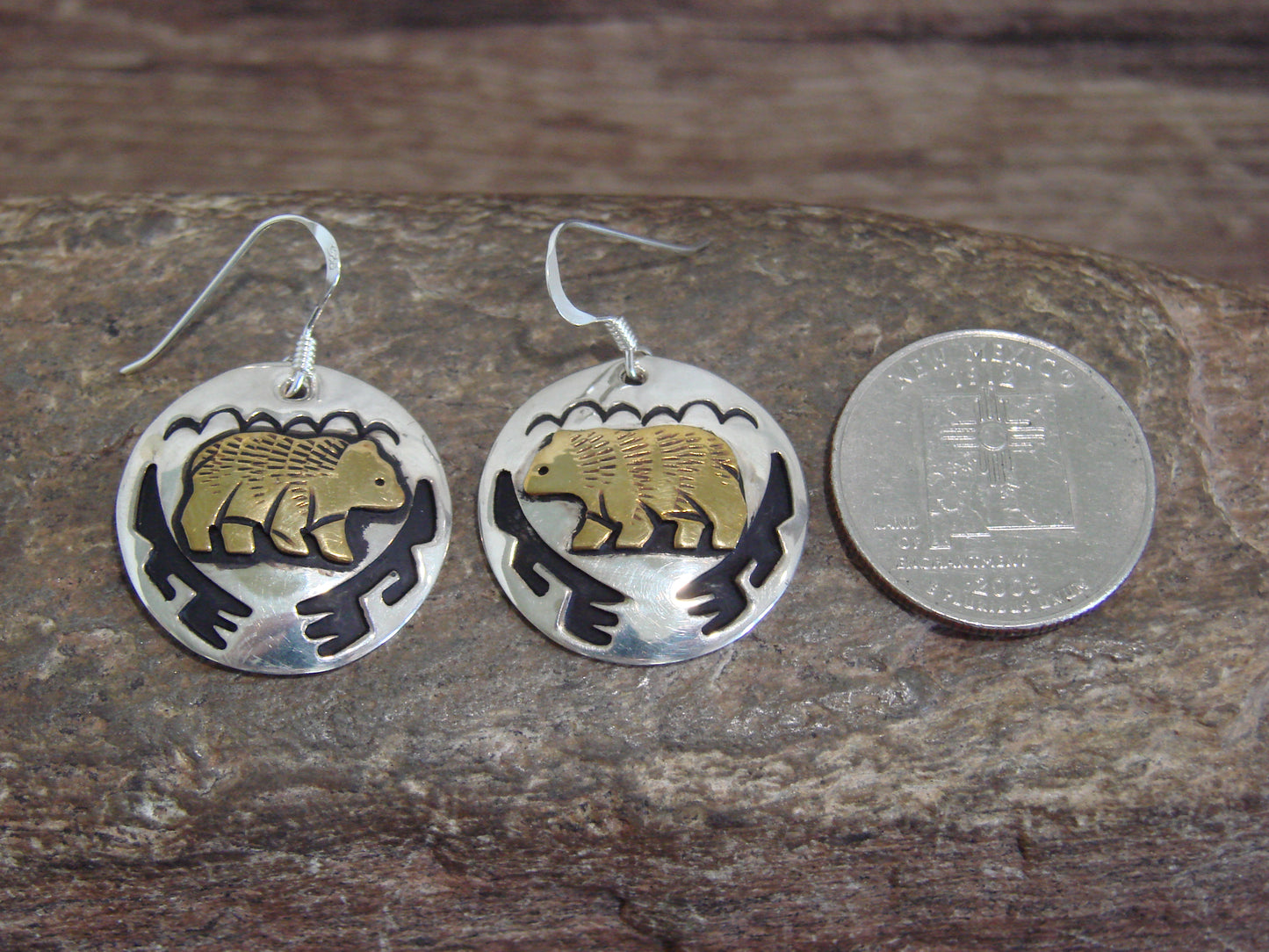 Native American Sterling Silver & Gold Fill Bear Dangle Earrings - Singer