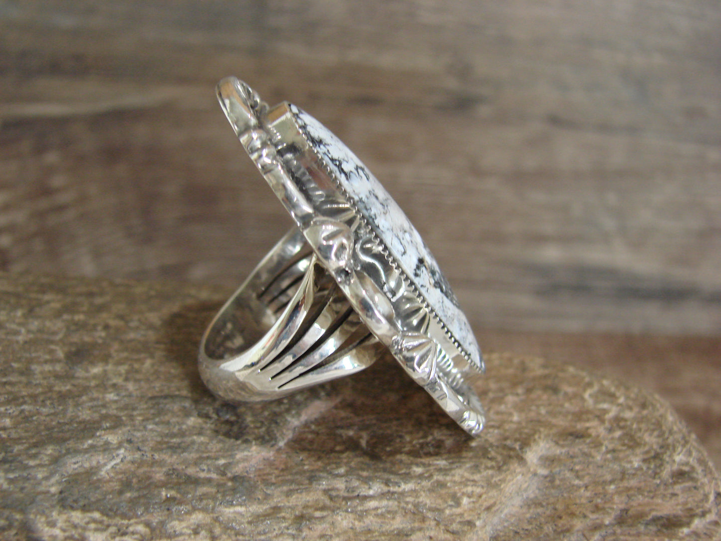 Native American Sterling Silver & White Buffalo Turquoise Ring - Delgarito- Size 7
