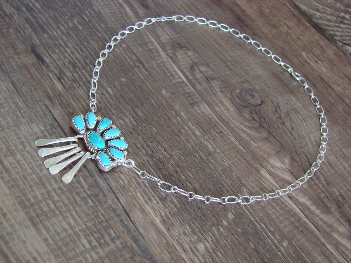 Native American Sterling Silver & Turquoise Cluster Link Necklace - Wilson