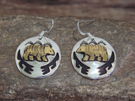 Native American Sterling Silver & Gold Fill Bear Dangle Earrings - Singer