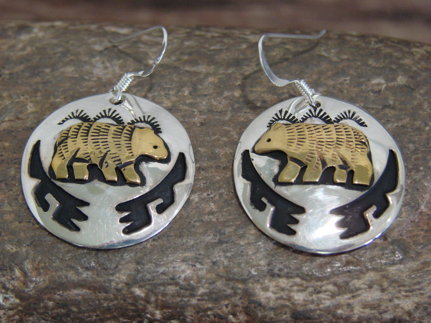 Native American Sterling Silver & Gold Fill Bear Dangle Earrings - Singer