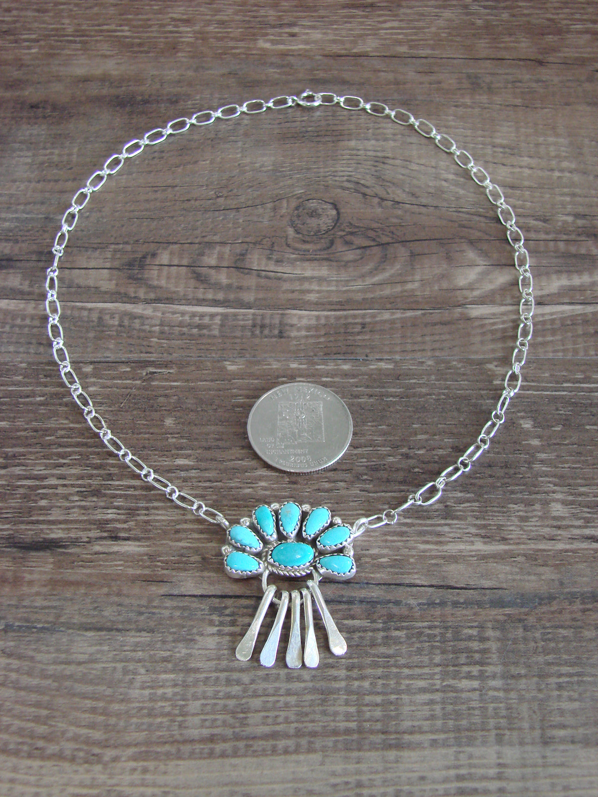 Native American Sterling Silver & Turquoise Cluster Link Necklace - Wilson