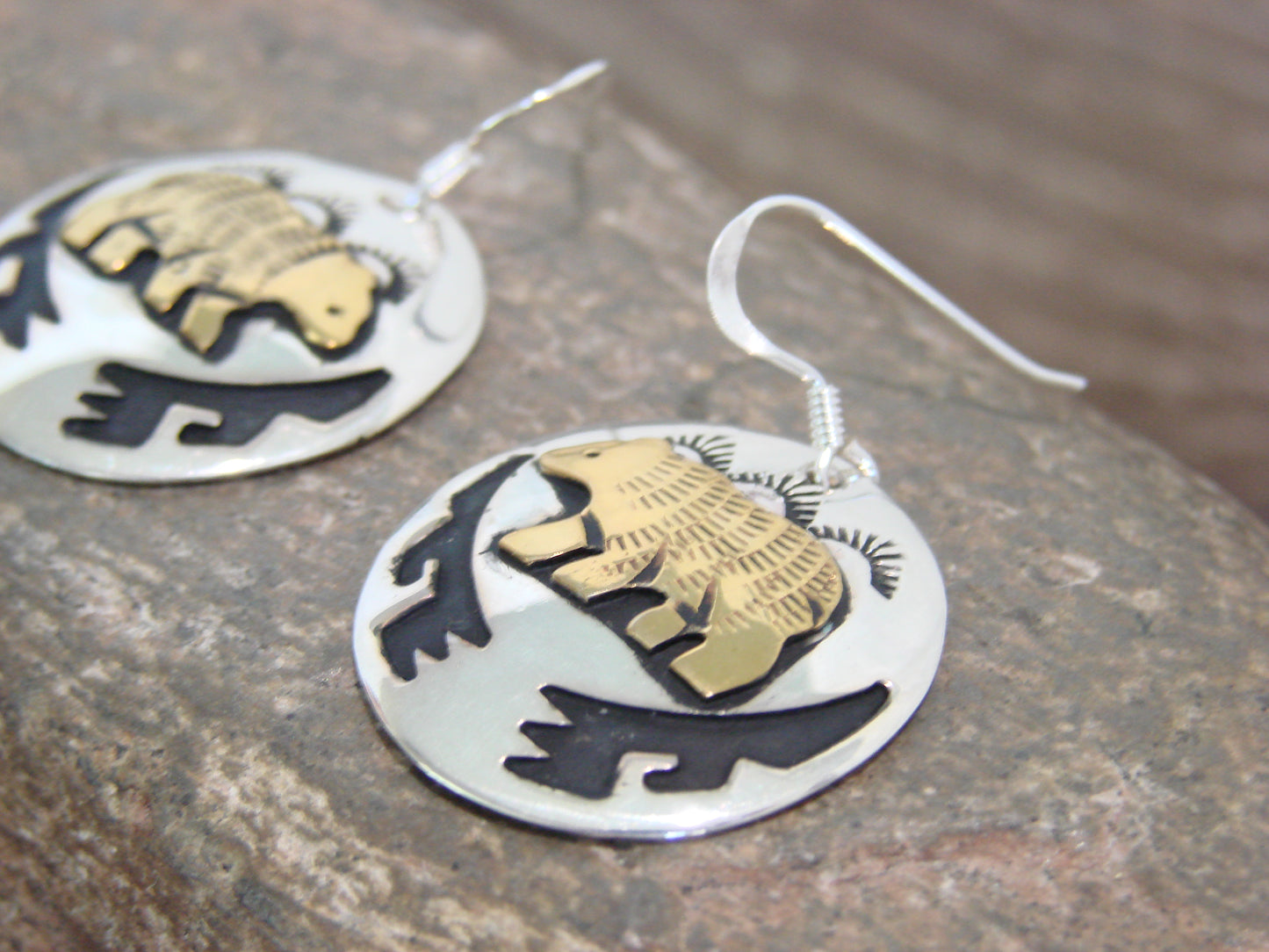 Native American Sterling Silver & Gold Fill Bear Dangle Earrings - Singer