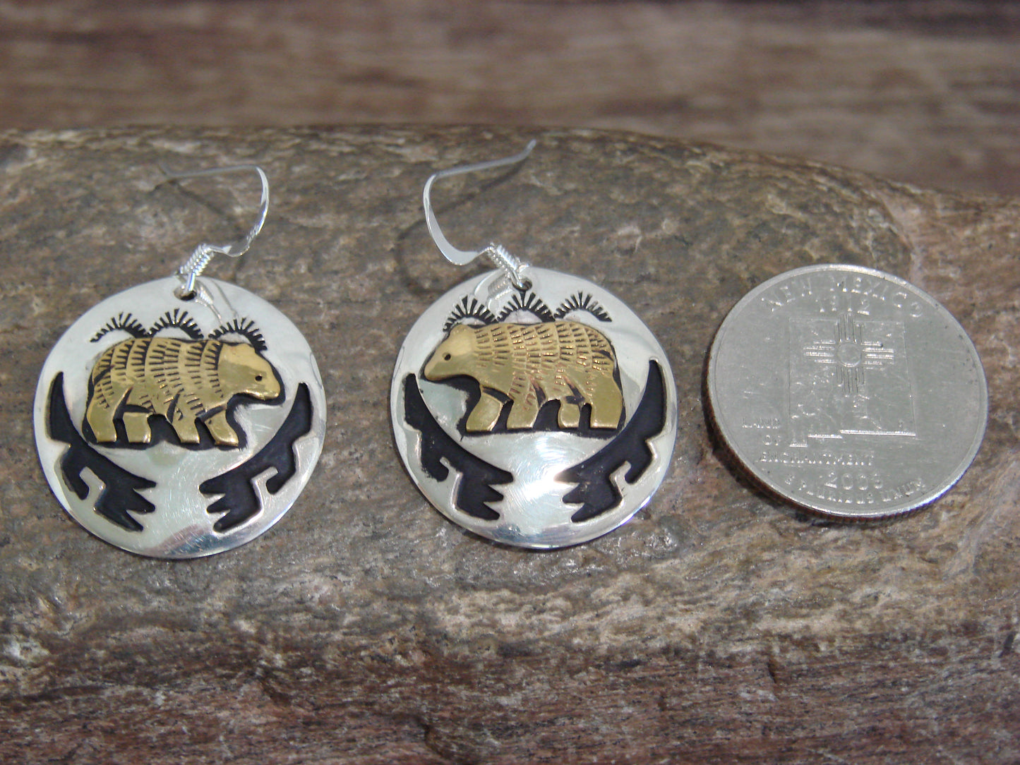 Native American Sterling Silver & Gold Fill Bear Dangle Earrings - Singer