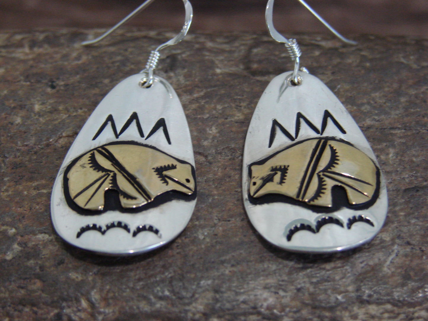 Native American Sterling Silver & Gold Fill Bear Dangle Earrings - Singer