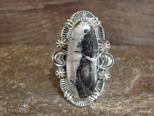Native American Sterling Silver & White Buffalo Turquoise Ring - Delgarito- Size 8