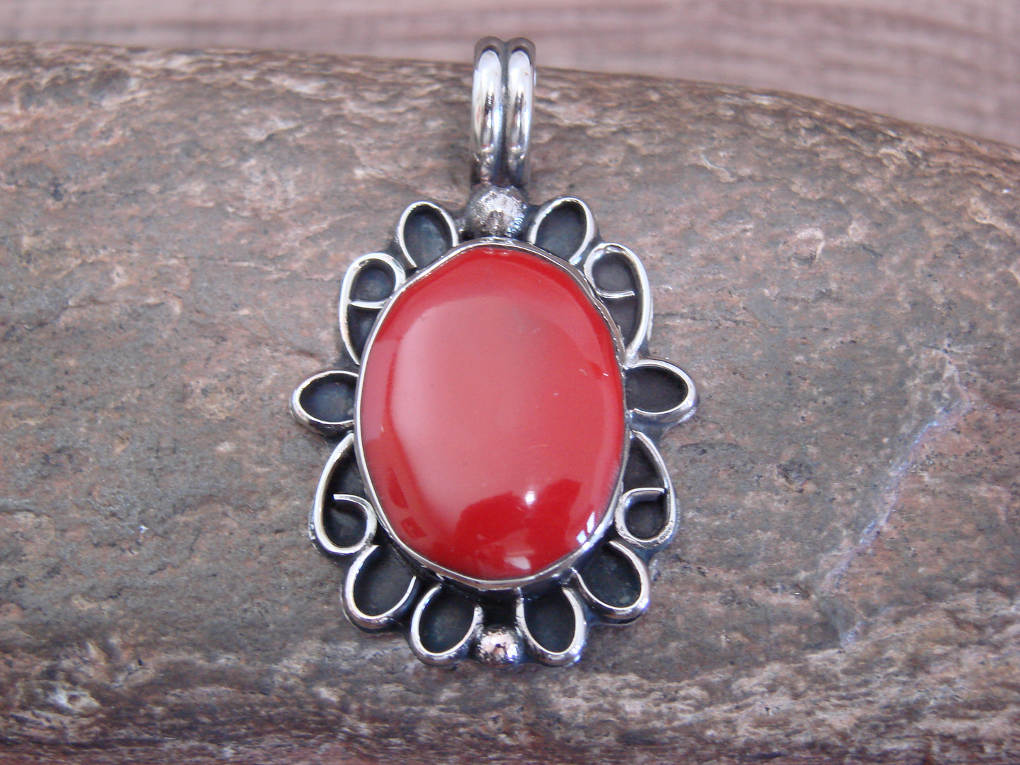 Native American Nickel Silver & Coral Pendant - Cleveland