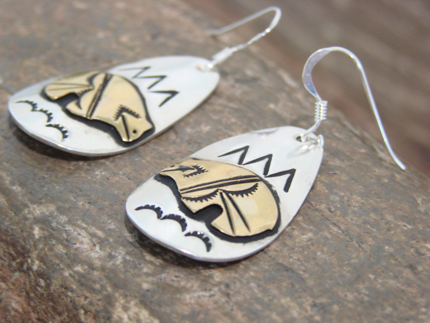 Native American Sterling Silver & Gold Fill Bear Dangle Earrings - Singer