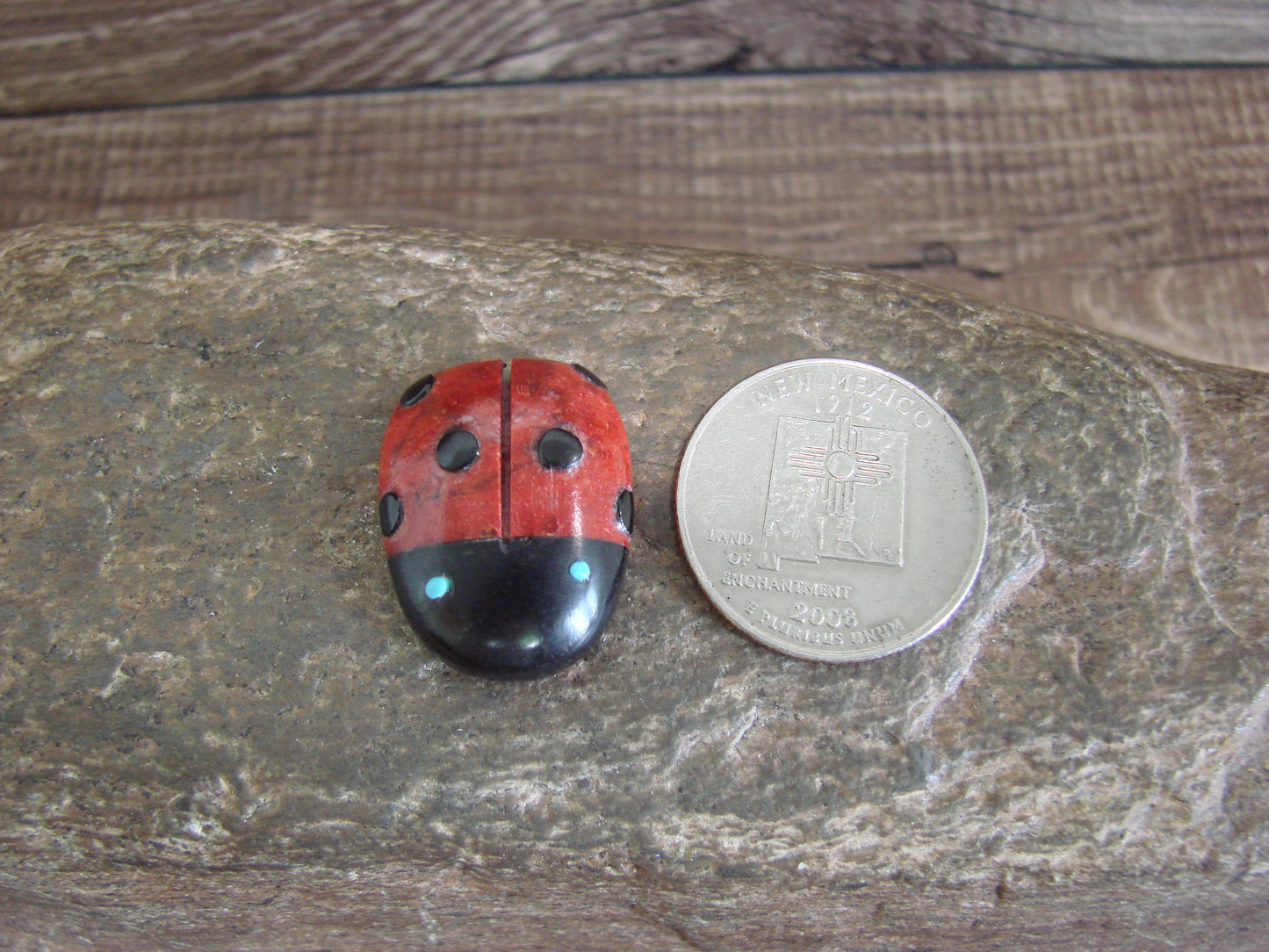 Native American Zuni Hand Carved Coral Ladybug Fetish by Lonasee