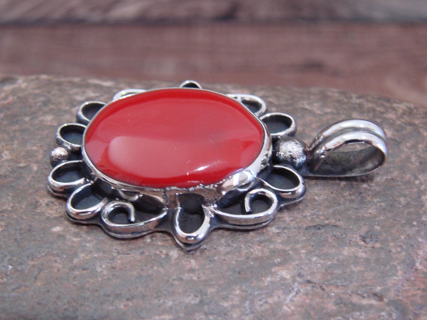 Native American Nickel Silver & Coral Pendant - Cleveland
