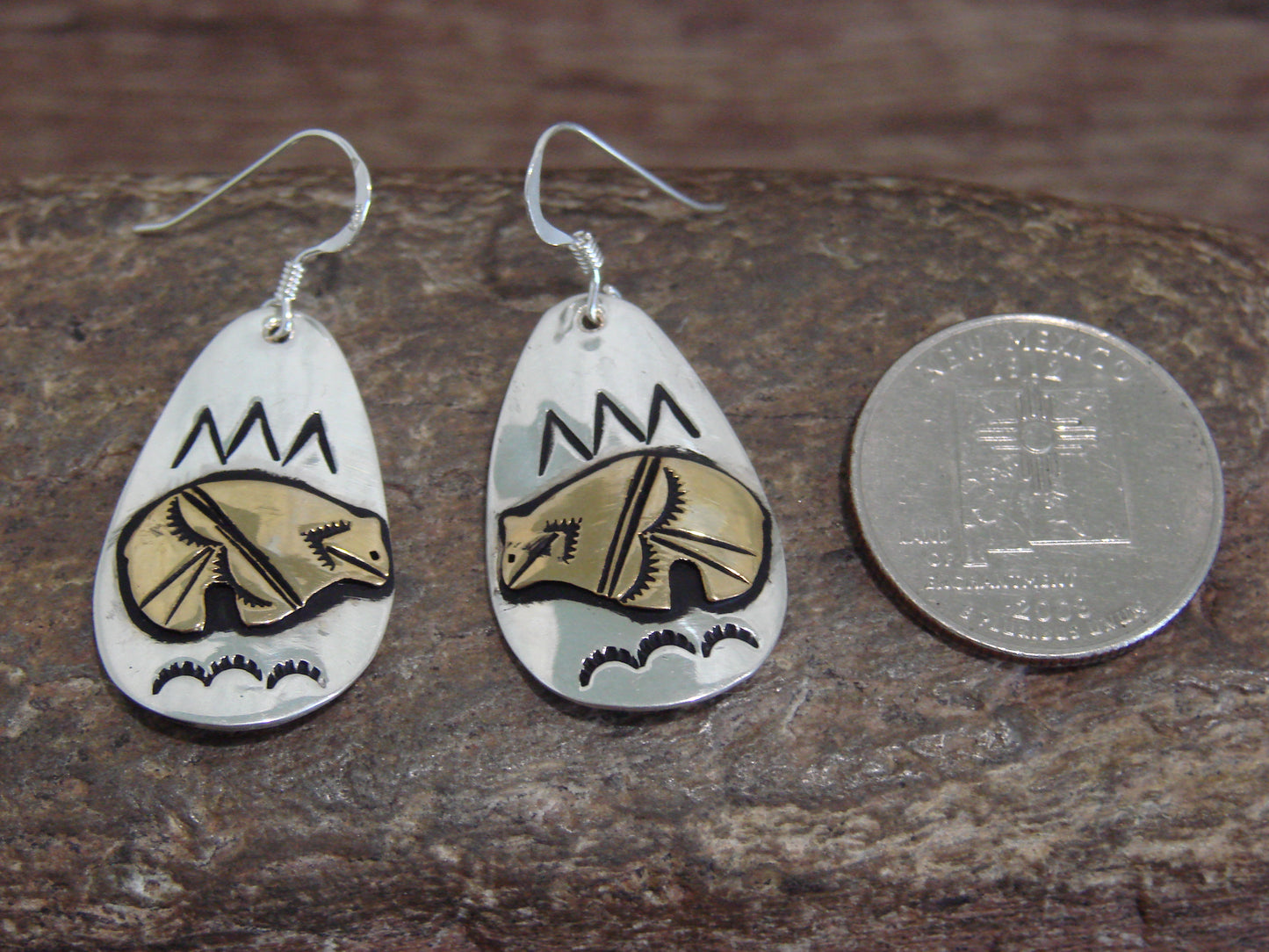 Native American Sterling Silver & Gold Fill Bear Dangle Earrings - Singer