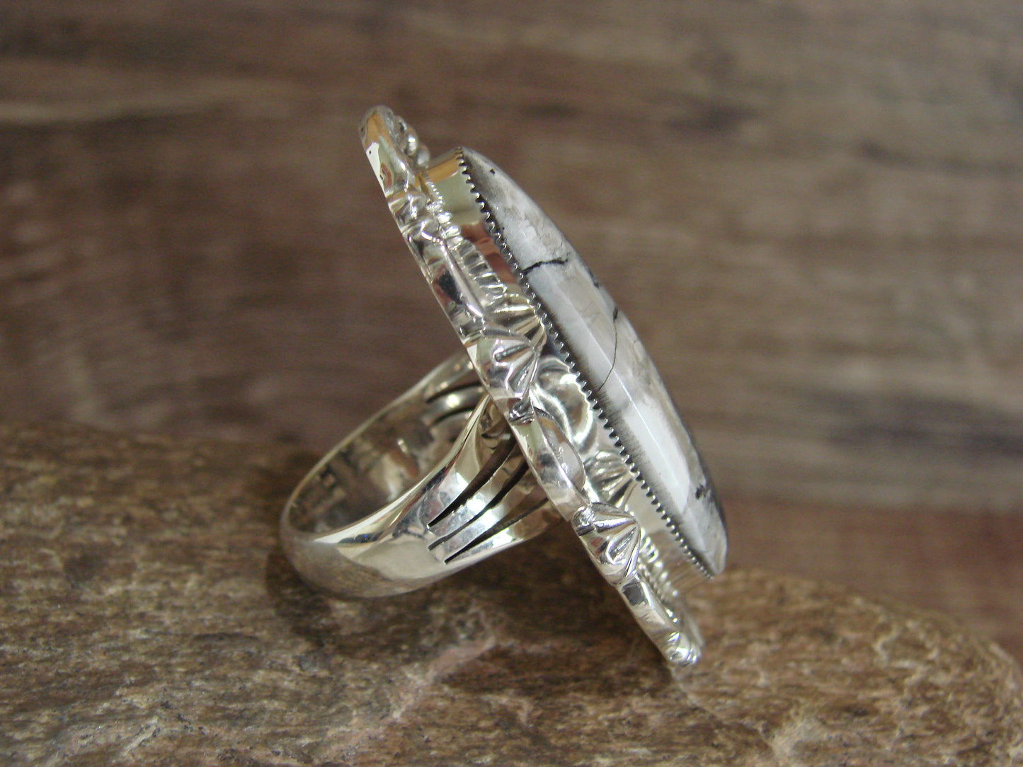 Native American Sterling Silver & White Buffalo Turquoise Ring - Delgarito- Size 8