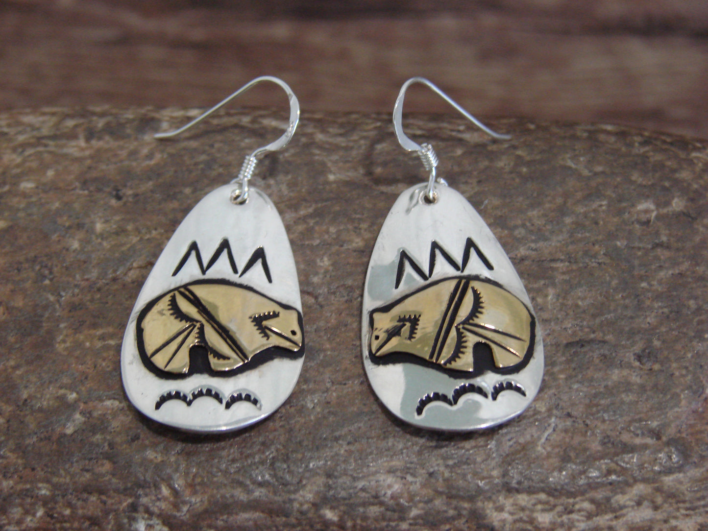Native American Sterling Silver & Gold Fill Bear Dangle Earrings - Singer