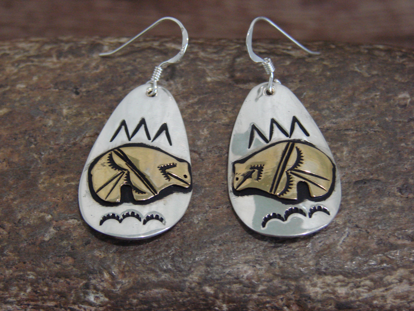 Native American Sterling Silver & Gold Fill Bear Dangle Earrings - Singer