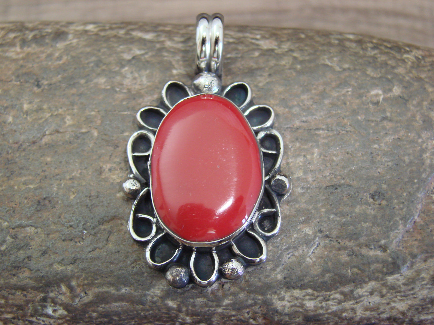 Native American Nickel Silver & Coral Pendant - Cleveland