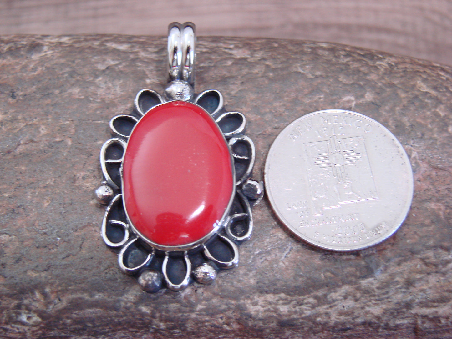 Native American Nickel Silver & Coral Pendant - Cleveland