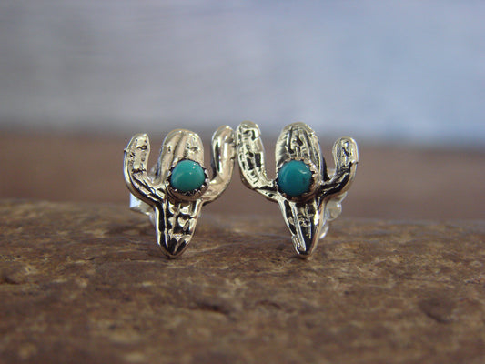 Native American Sterling Silver Turquoise Cactus Stud Post Earrings - Yazzie