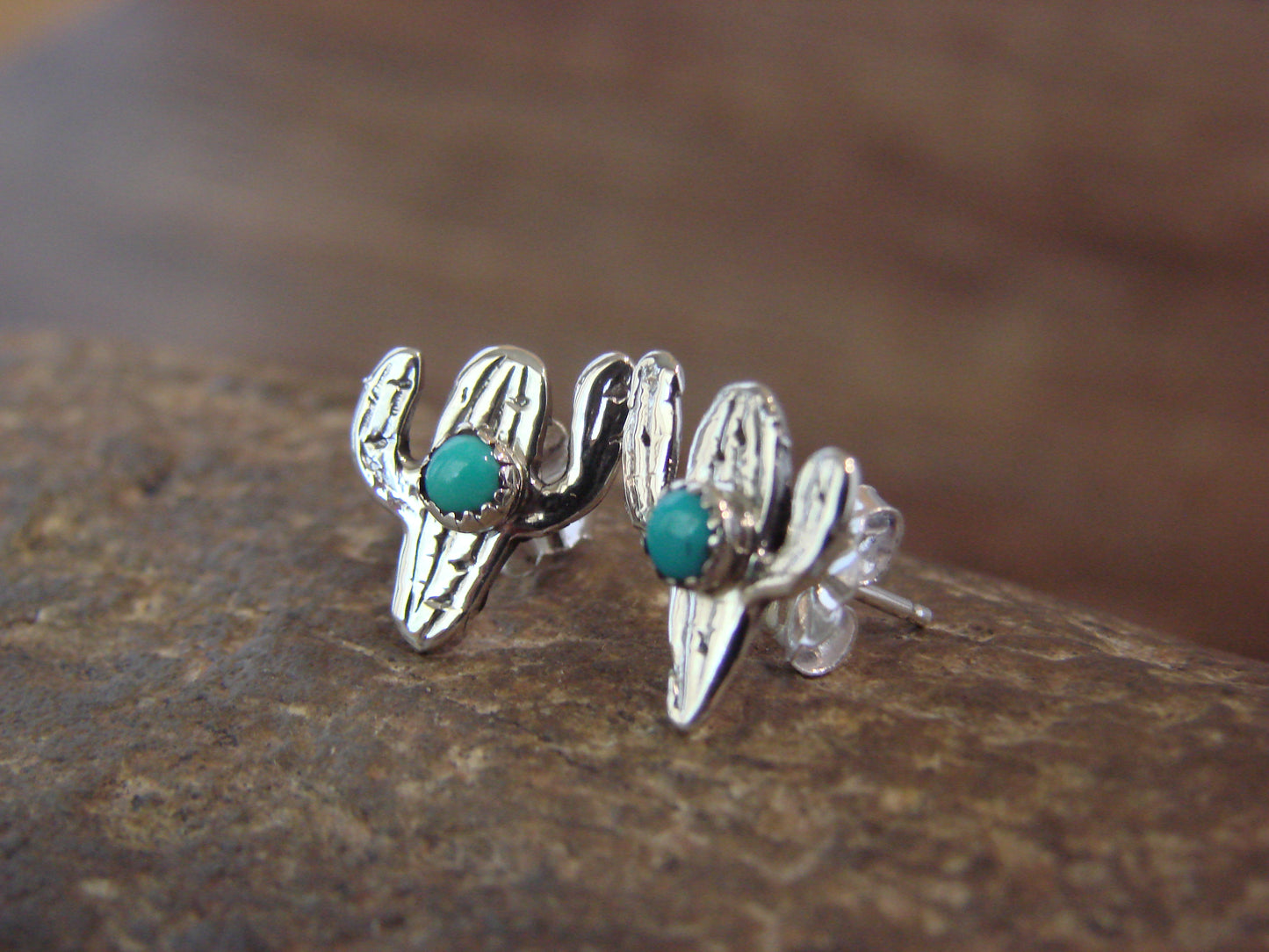 Native American Sterling Silver Turquoise Cactus Stud Post Earrings - Yazzie