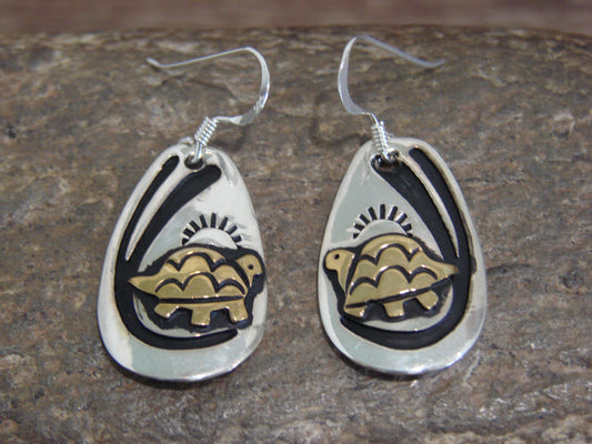 Native American Sterling Silver & Gold Fill Turtle Dangle Earrings - Singer