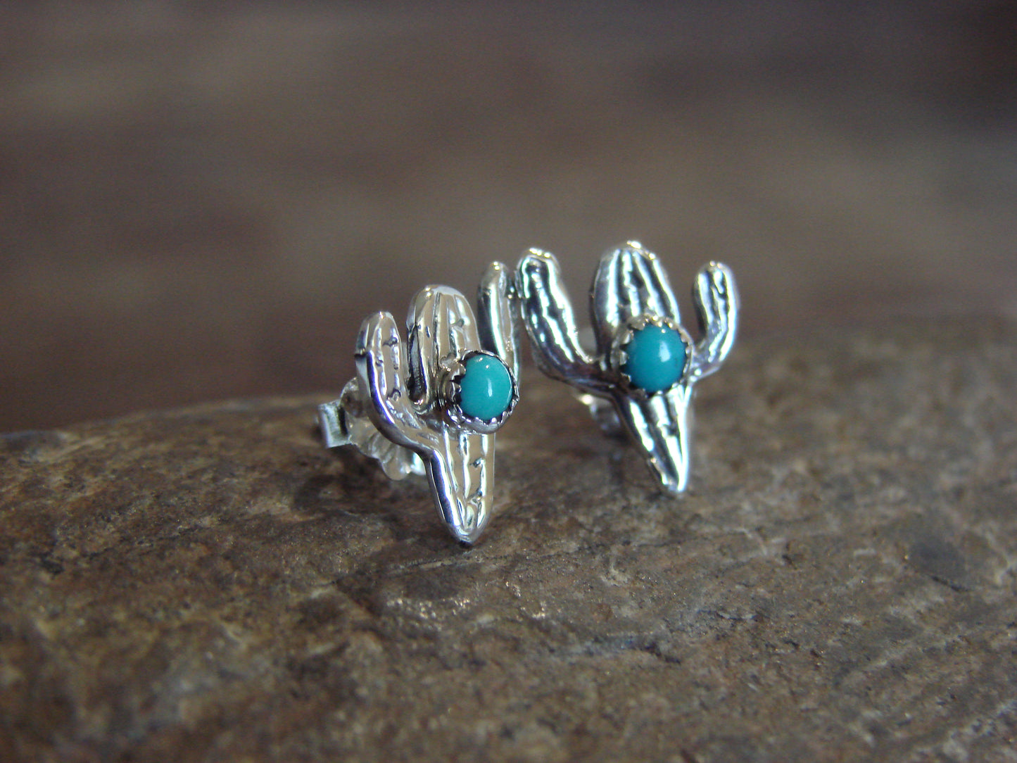 Native American Sterling Silver Turquoise Cactus Stud Post Earrings - Yazzie