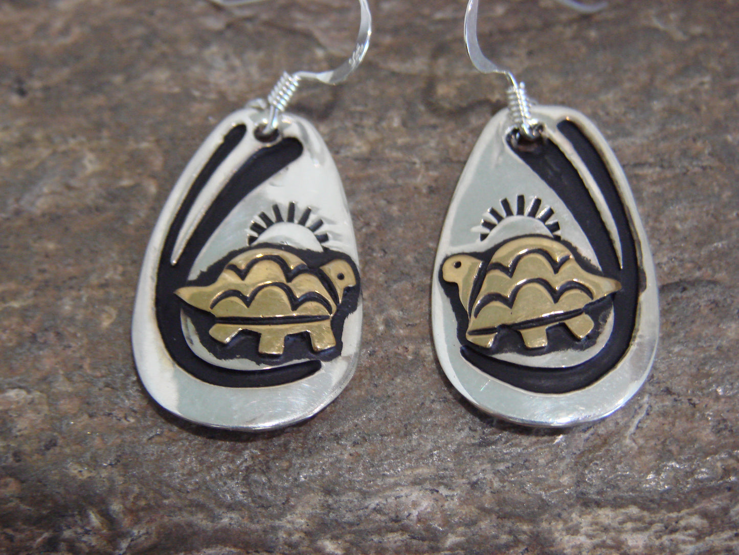Native American Sterling Silver & Gold Fill Turtle Dangle Earrings - Singer