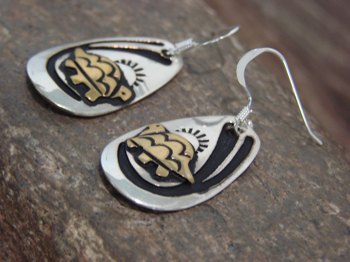 Native American Sterling Silver & Gold Fill Turtle Dangle Earrings - Singer