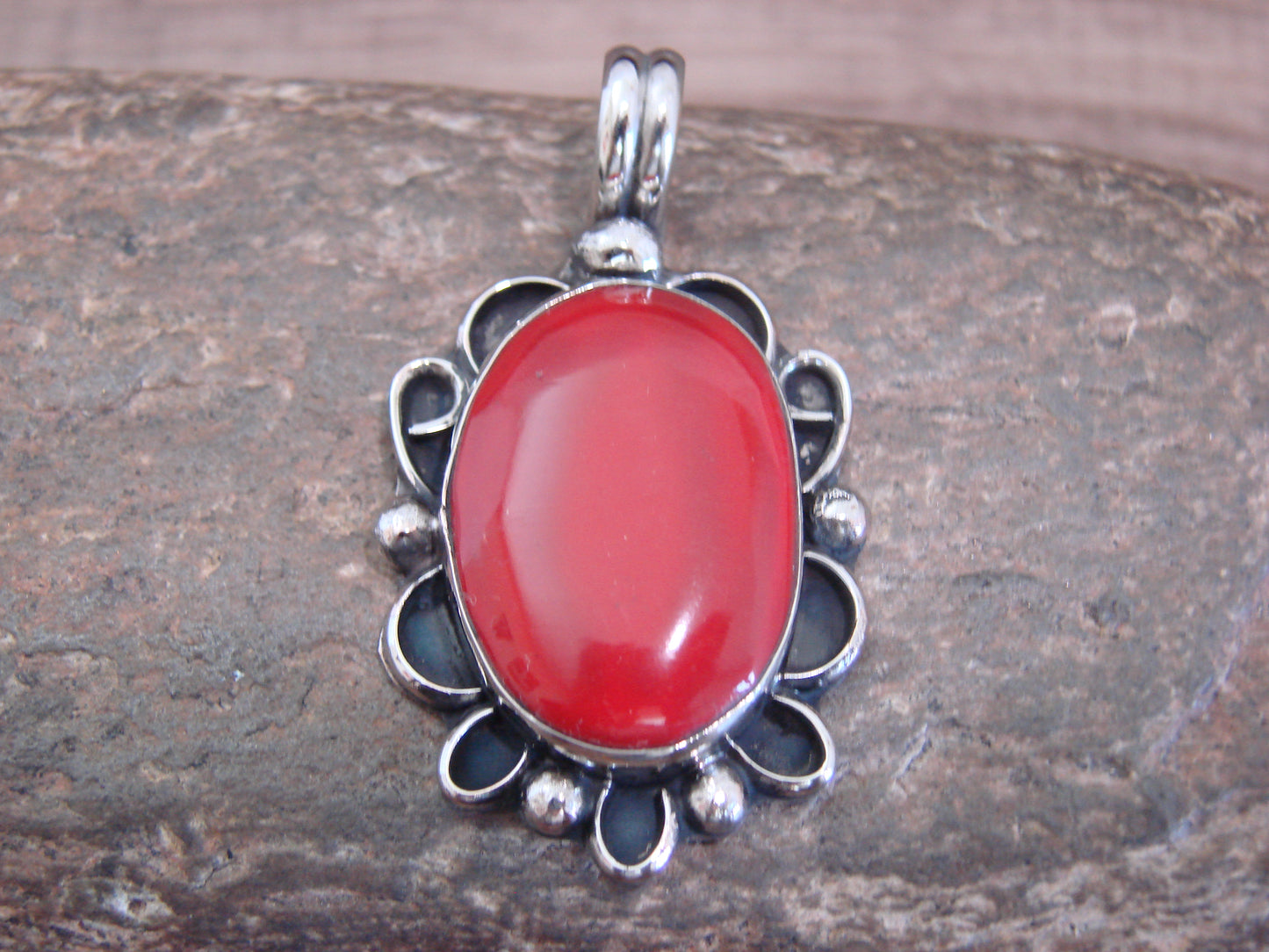Native American Nickel Silver & Coral Pendant - Cleveland