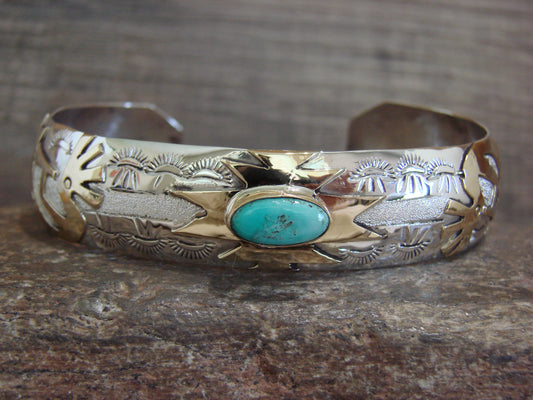 Native American Sterling Silver & Turquoise Gold Kokopelli Bracelet Signed GJ