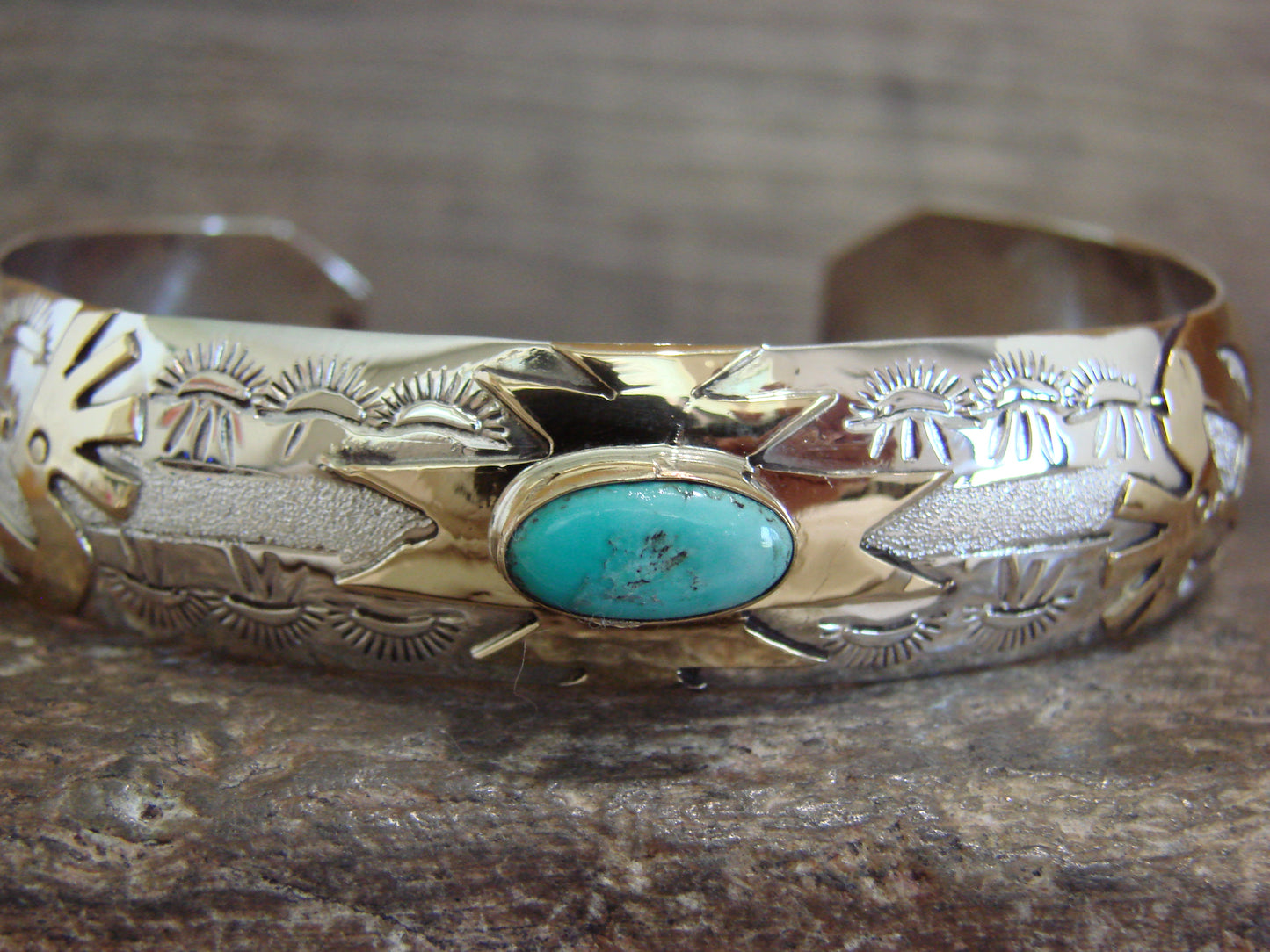 Native American Sterling Silver & Turquoise Gold Kokopelli Bracelet Signed GJ