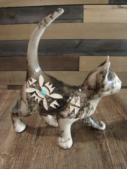 Native American Navajo Pottery Horse Hair Cat Sculpture by Vail