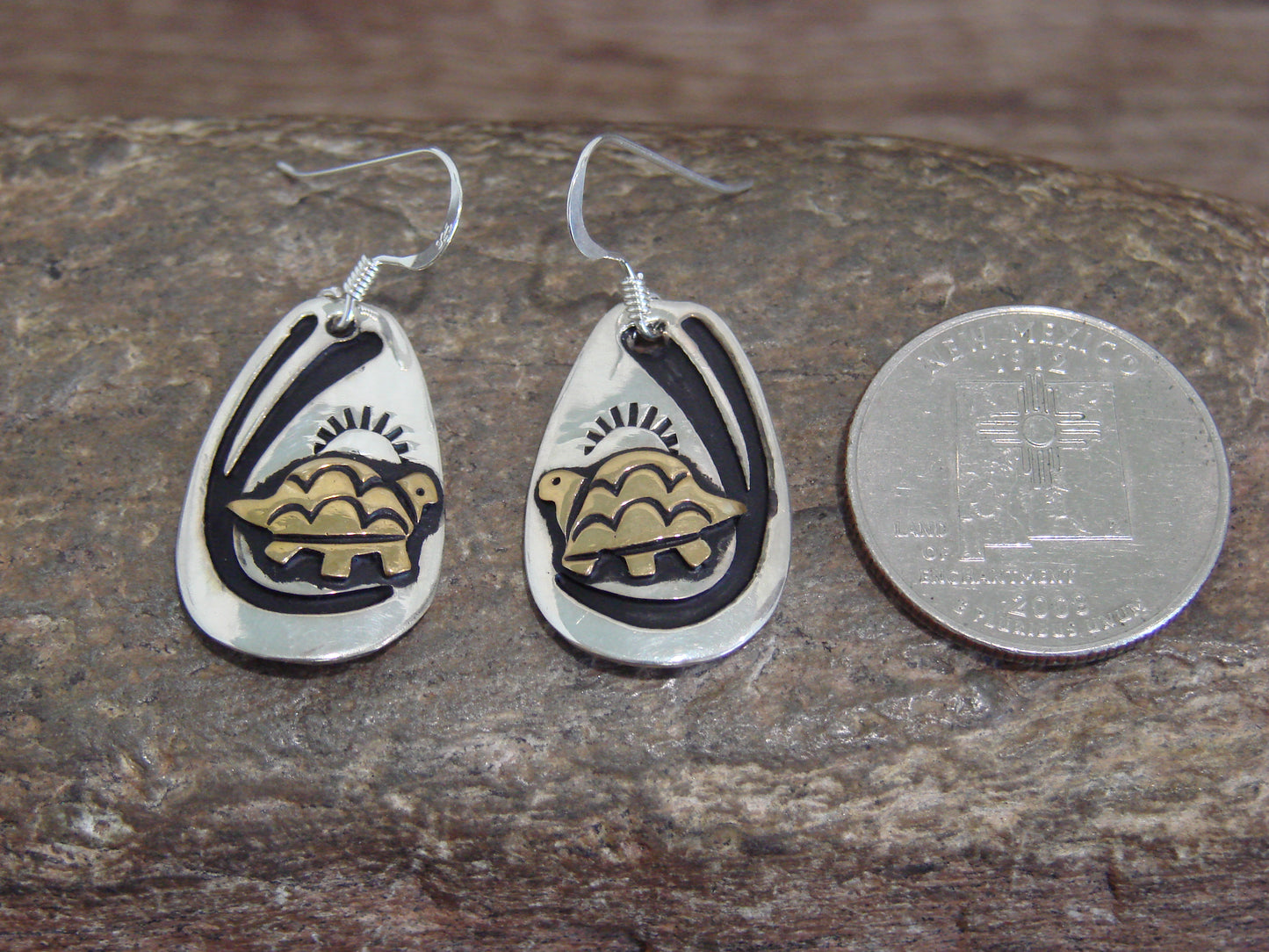 Native American Sterling Silver & Gold Fill Turtle Dangle Earrings - Singer