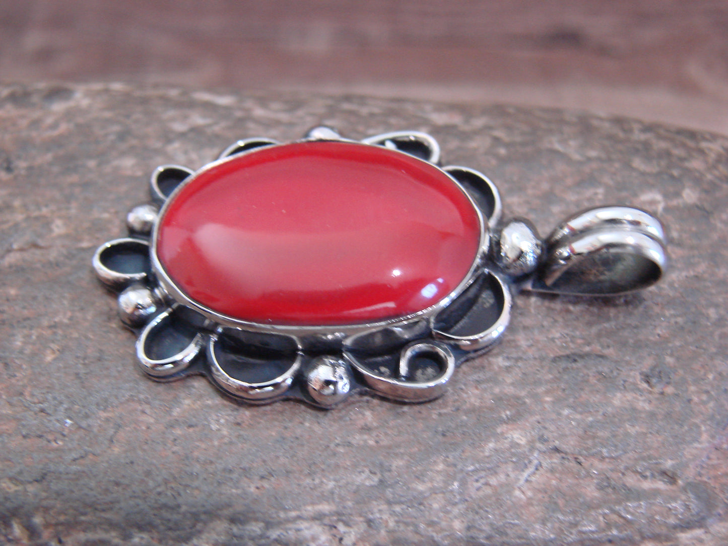 Native American Nickel Silver & Coral Pendant - Cleveland