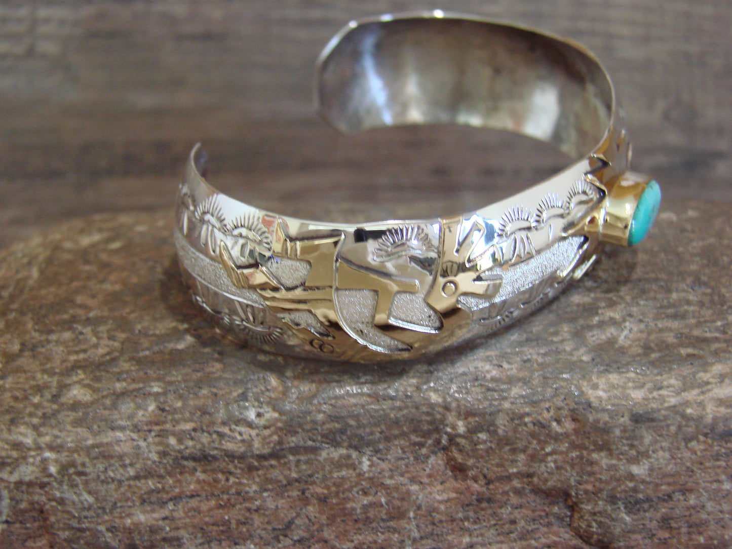 Native American Sterling Silver & Turquoise Gold Kokopelli Bracelet Signed GJ