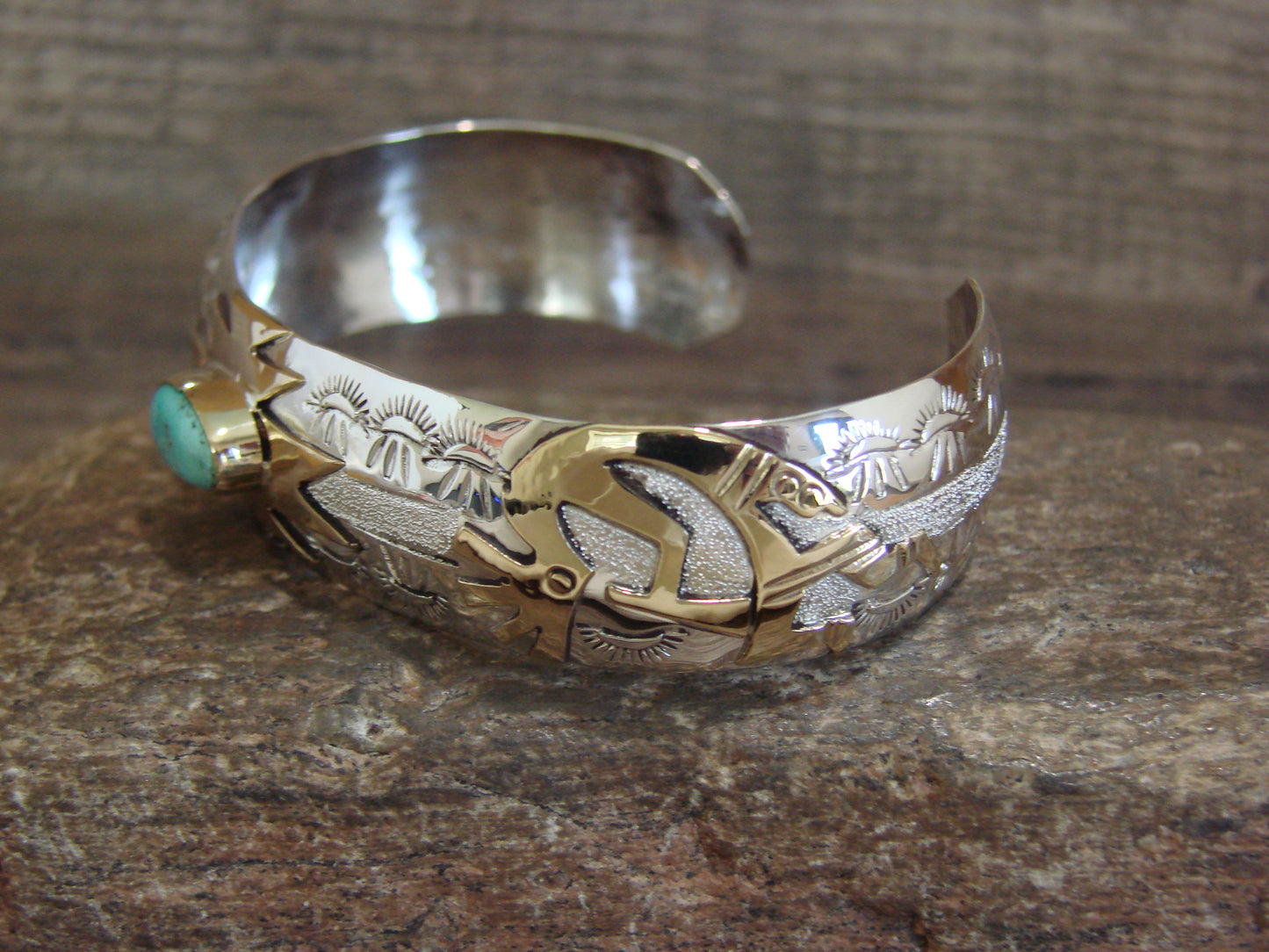 Native American Sterling Silver & Turquoise Gold Kokopelli Bracelet Signed GJ
