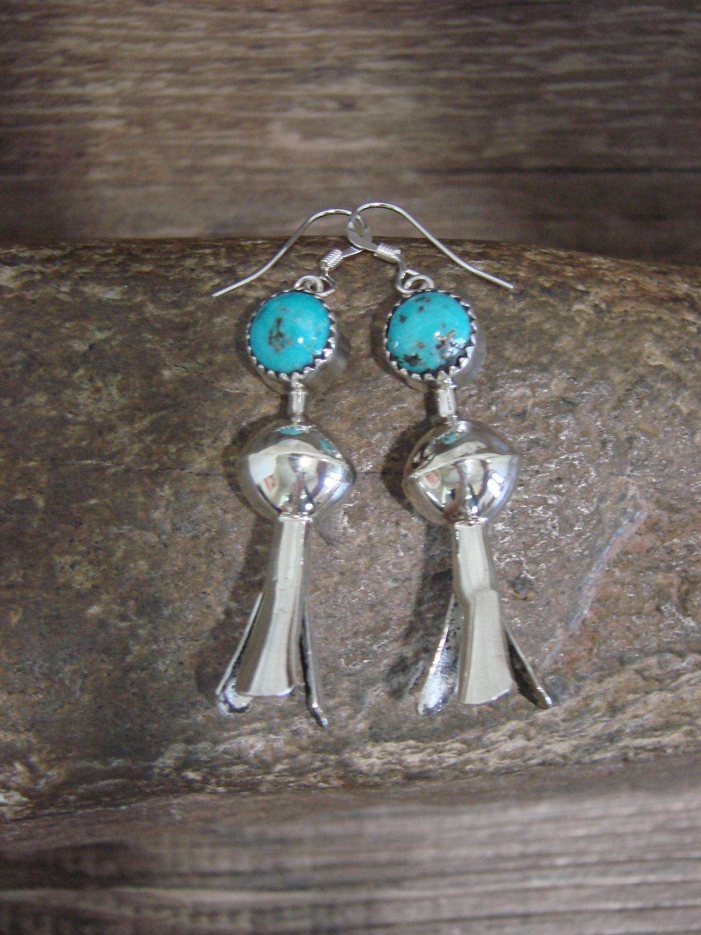 Native American Sterling Silver Turquoise Squash Blossom Dangle Earrings - Tsosie