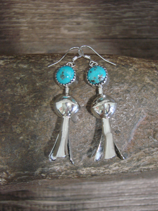 Native American Sterling Silver Turquoise Squash Blossom Dangle Earrings - Tsosie