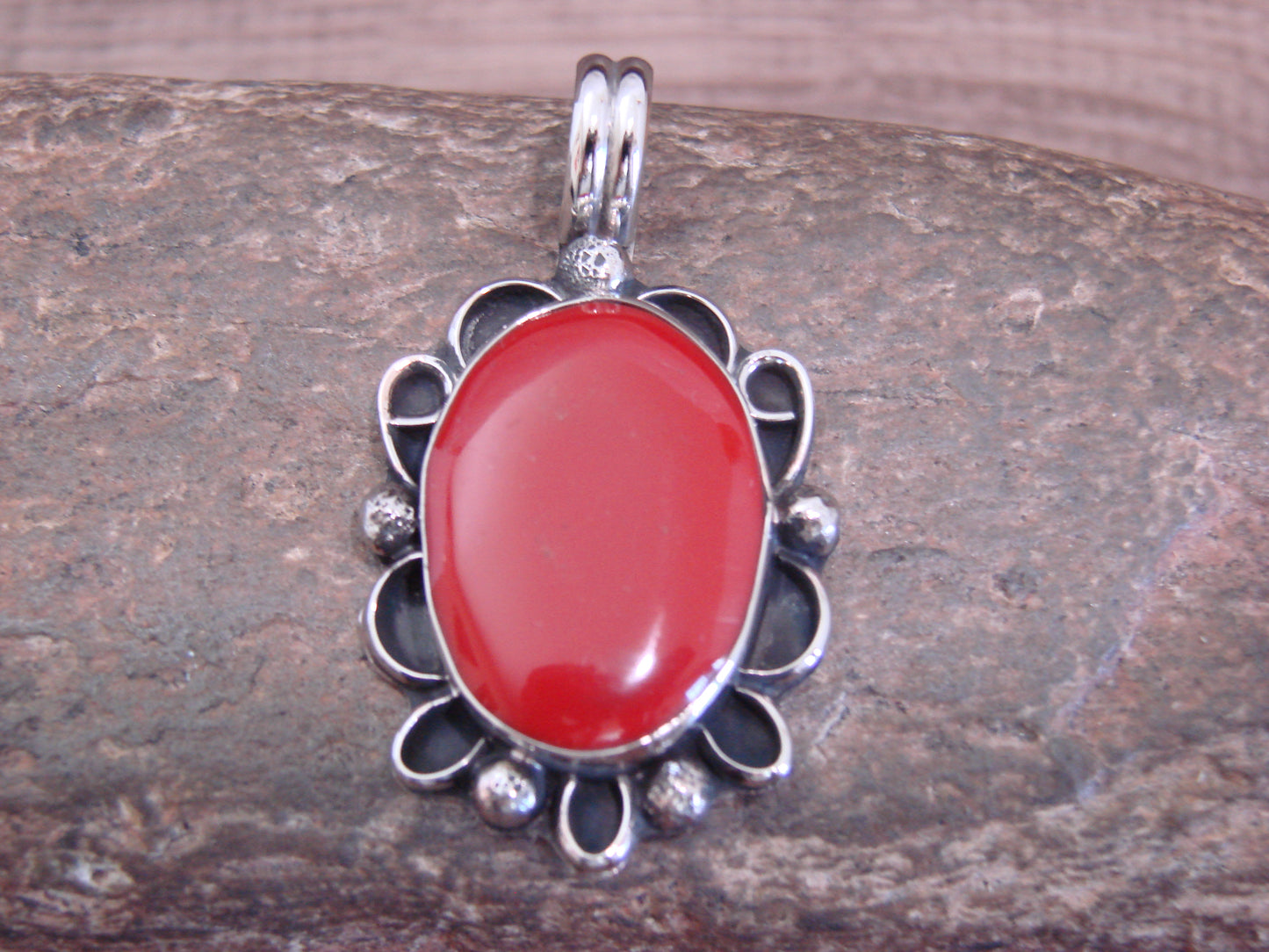 Native American Nickel Silver & Coral Pendant - Cleveland