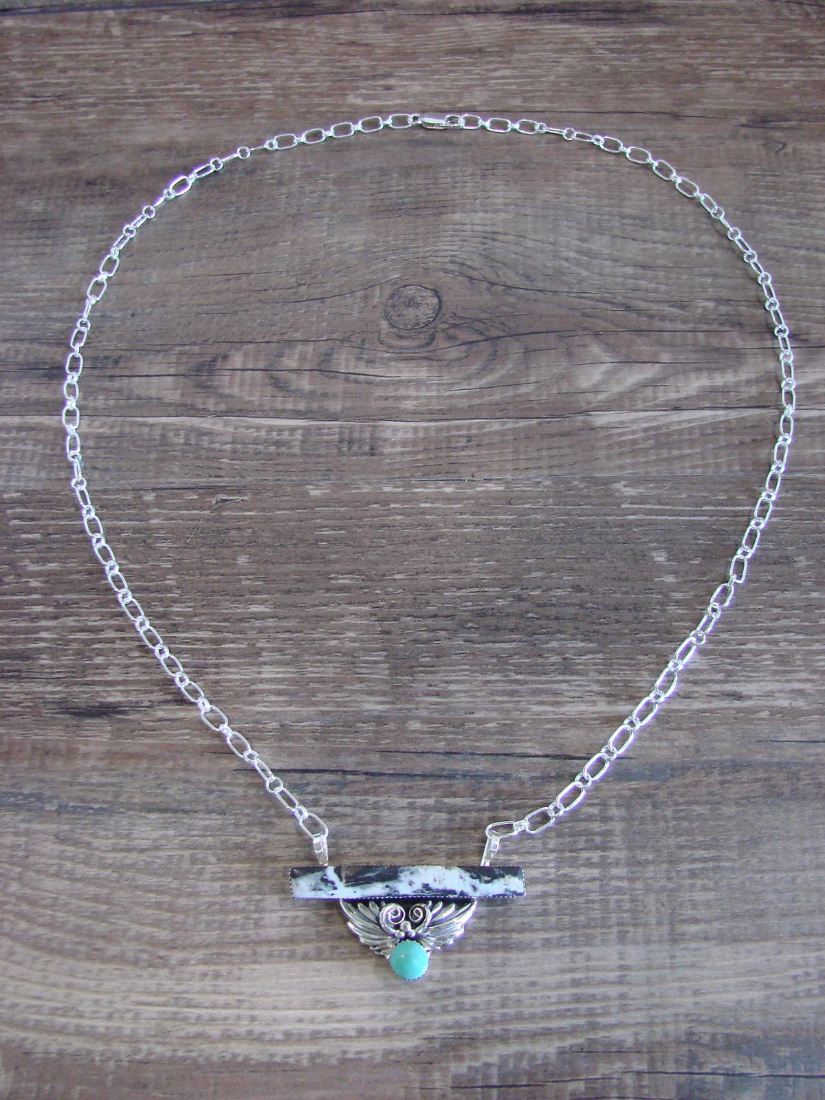 Native American Sterling Silver & White Buffalo Turquoise Link Necklace - Jack