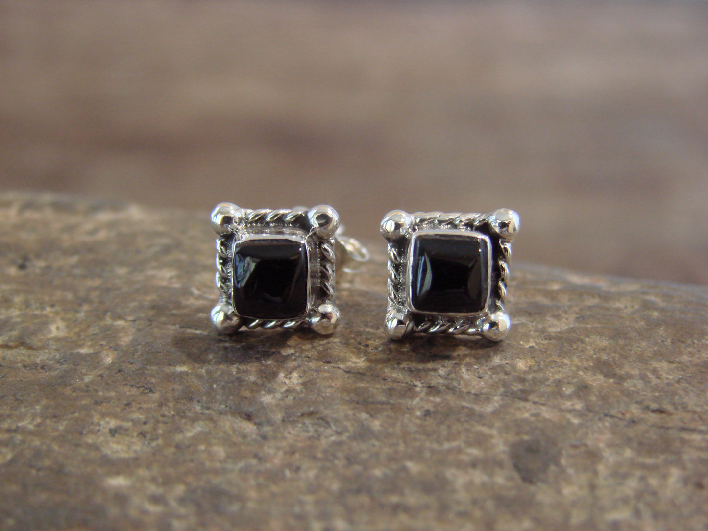 Native American Sterling Silver & Onyx Square Stud Post Earrings - Jack
