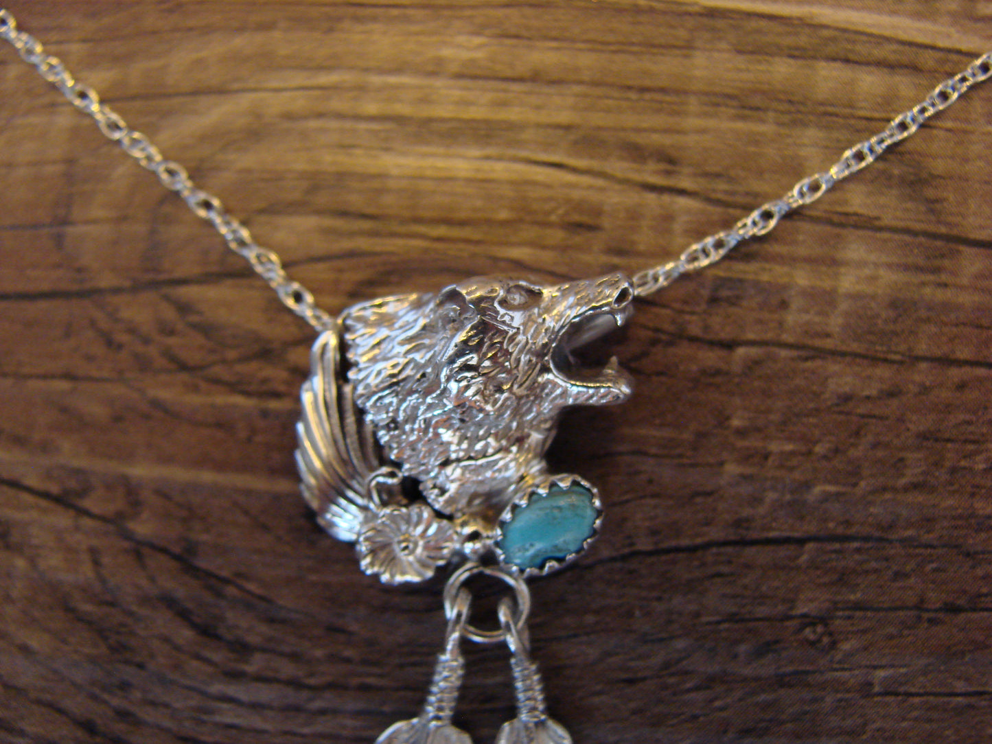 Native American Sterling Silver & Turquoise Wolf Necklace by Francisco