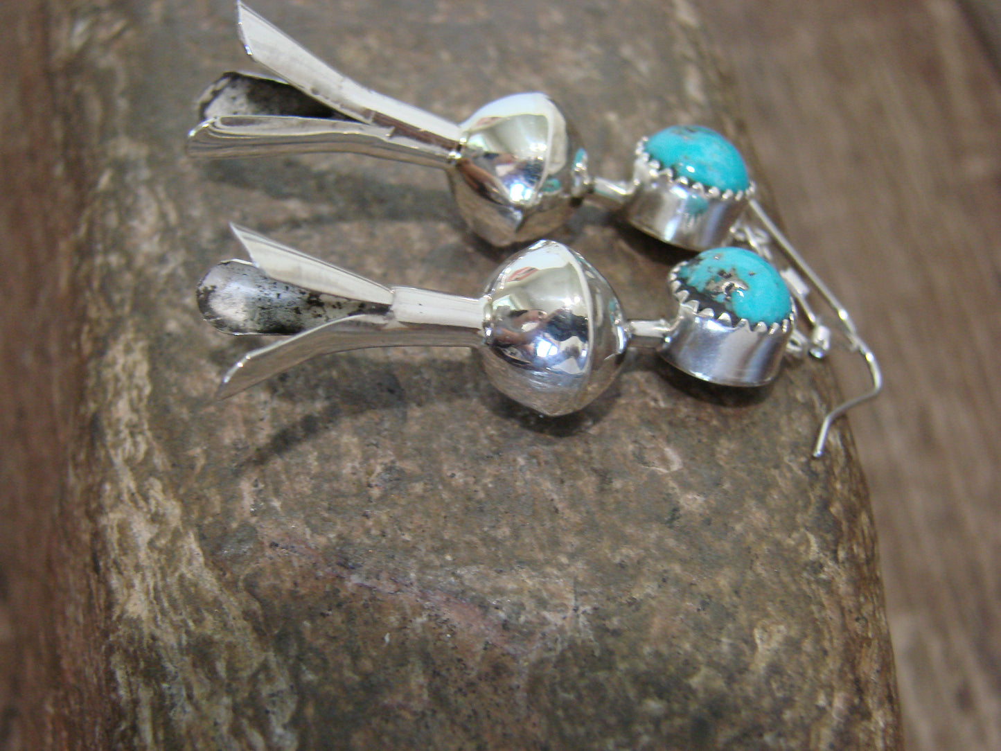 Native American Sterling Silver Turquoise Squash Blossom Dangle Earrings - Tsosie