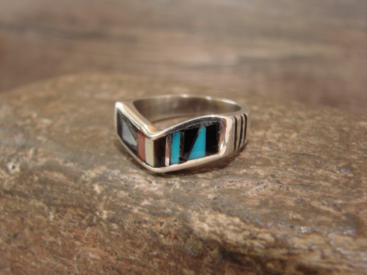 Native American Sterling Silver & Multi Stone Inlay Ring by Leekity - Size 6.5