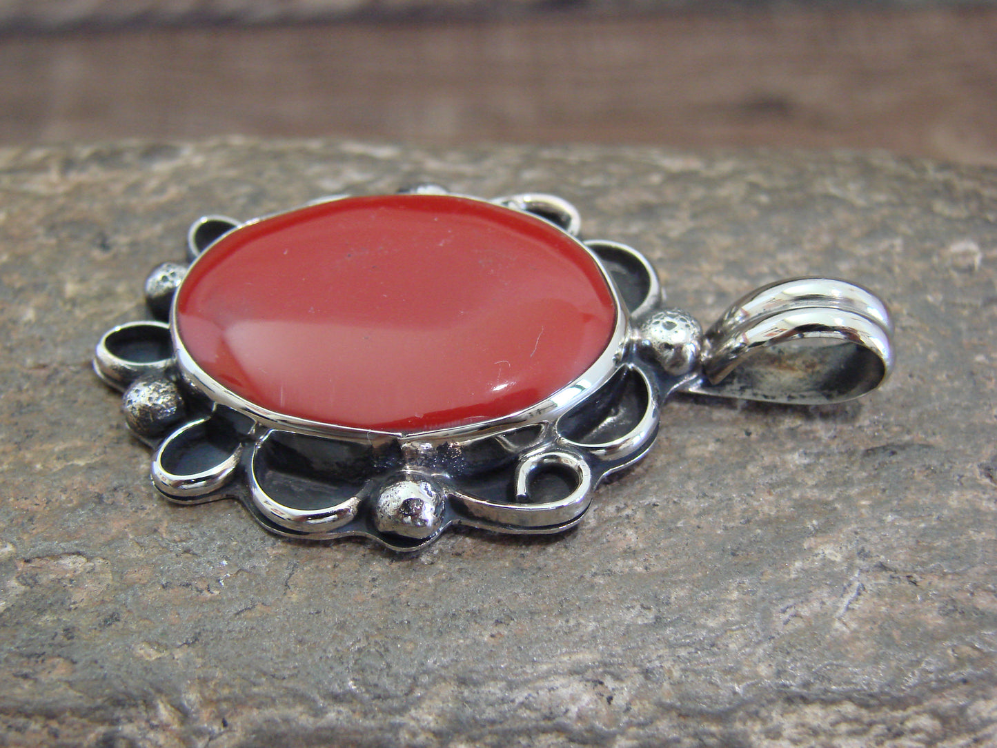 Native American Nickel Silver & Coral Pendant - Cleveland