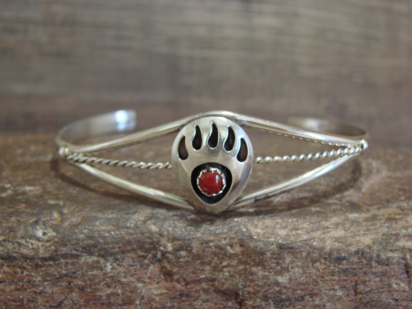 Native American Sterling Silver & Coral Bear Paw Bracelet by Spencer