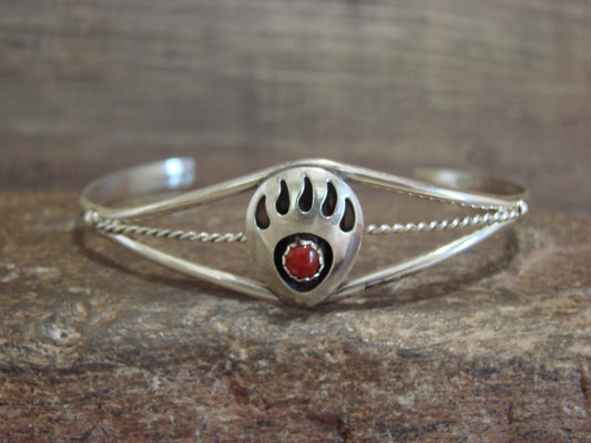 Native American Sterling Silver & Coral Bear Paw Bracelet by Spencer